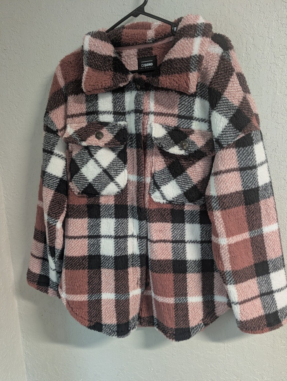 Teddy Sherpa Plaid Shacket Jacket XL Pink Black Blush Pockets Button Boho Soft